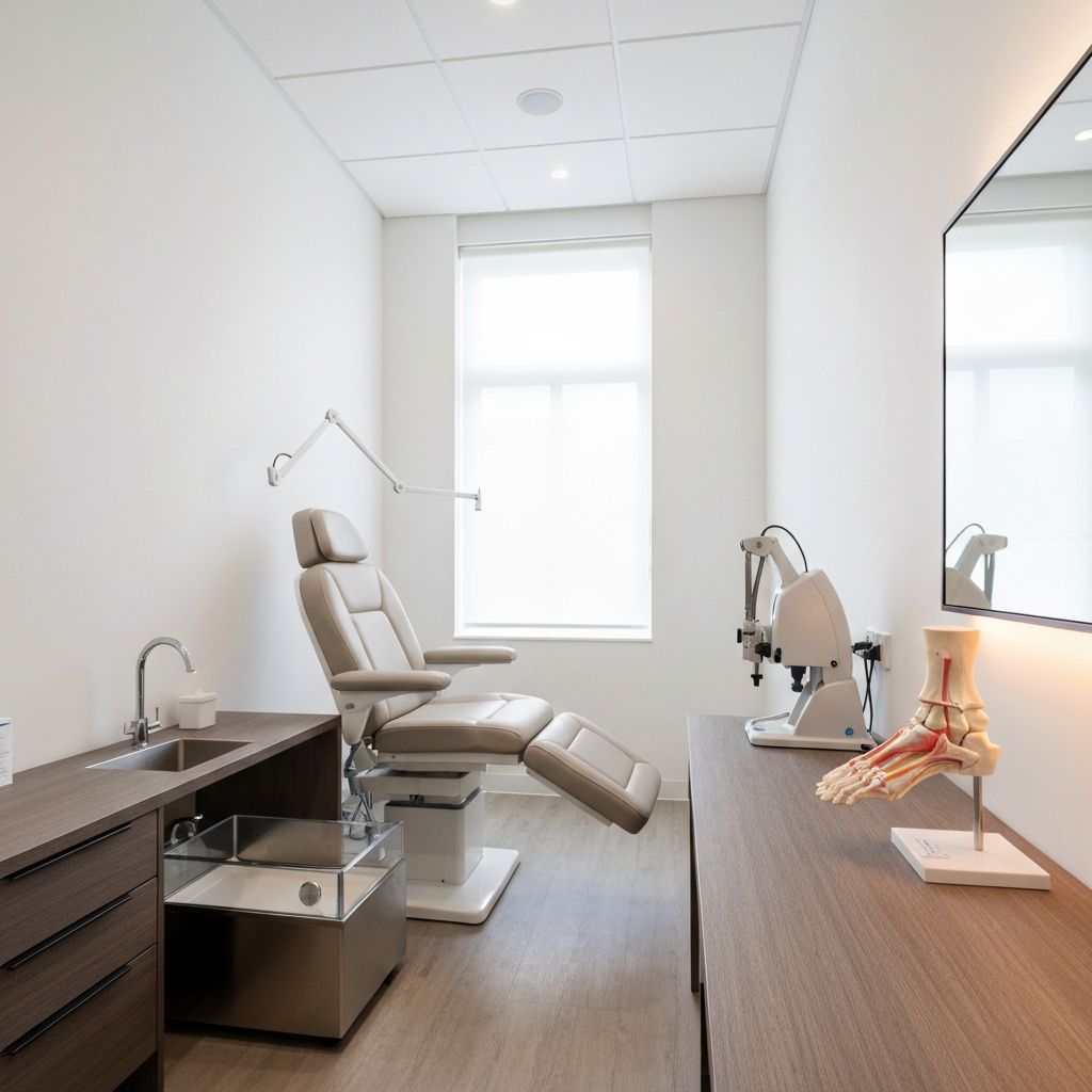 Bright, modern podiatry treatment room with comfortable chair and professional equipment